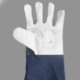 Premium jeans leather gloves for work and protection, supplied by Vedhika Enterprise in Coimbatore, Tamil Nadu.